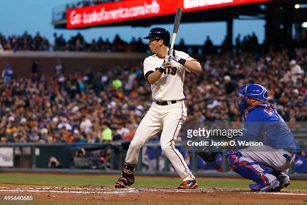 Tyler Colvin of the San Francisco Giants at bat against the Chicago Cubs during the fourth inning at AT&T Park on May 27, 2014 in San Francisco,...