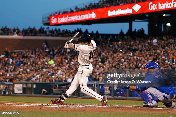 Tyler Colvin of the San Francisco Giants at bat against the Chicago Cubs during the fourth inning at AT&T Park on May 27, 2014 in San Francisco,...