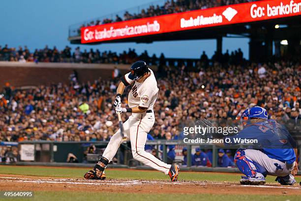 Tyler Colvin of the San Francisco Giants at bat against the Chicago Cubs during the fourth inning at AT&T Park on May 27, 2014 in San Francisco,...