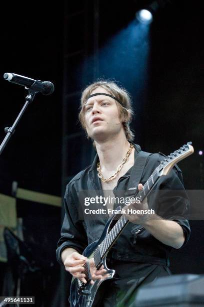 Singer Bjoern Dixgard of the Swedish band Mando Diao performs live during a concert at the Zitadelle Spandau on June 4, 2014 in Berlin, Germany.