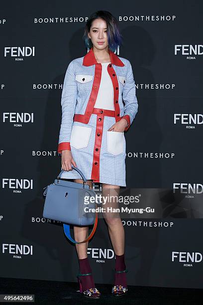 South Korean model Irene Kim attends the photocall for FENDI - Seoul PEEKABOO Project Exhibition at BoonTheShop on November 4, 2015 in Seoul, South...
