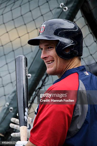 Josh Willingham of the Minnesota Twins looks on during batting practice before the game against the Texas Rangers on May 27, 2014 at Target Field in...