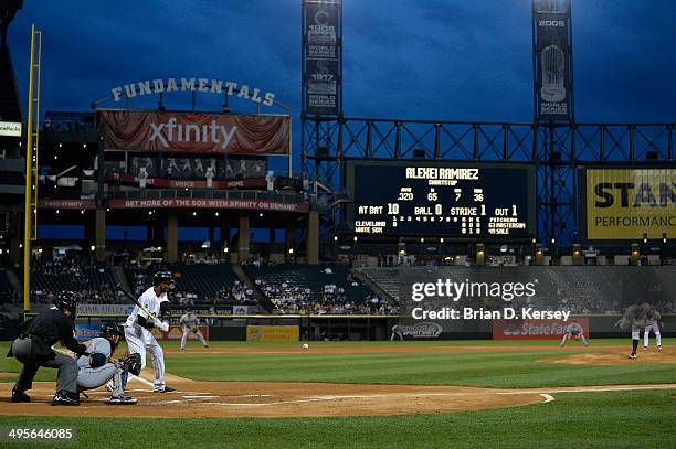 Starting pitcher Justin Masterson of the Cleveland Indians delivers a pitch to Alexei Ramirez of the Chicago White Sox during the first inning at...