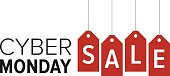 Cyber Monday sale website display with red hang tags promotion