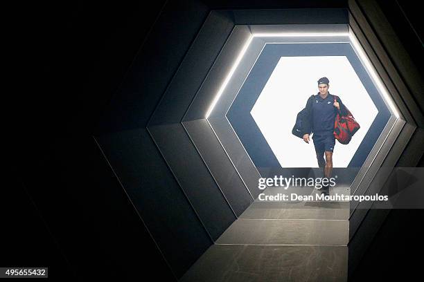 Roger Federer of Switzerland walks out to play his match against Andreas Seppi of Italy during Day 3 of the BNP Paribas Masters held at AccorHotels...