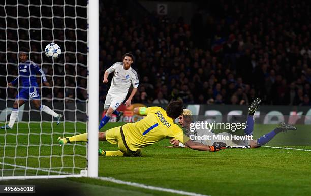 Aleksandar Dragovic of Dynamo Kyiv scores an own goal to open the scoring during the UEFA Champions League Group G match between Chelsea FC and FC...