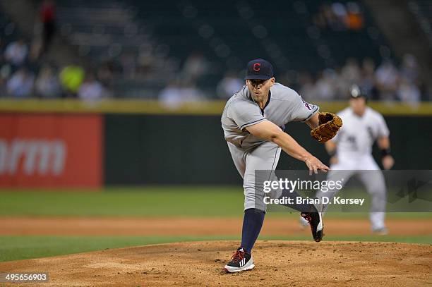 Starting pitcher Justin Masterson of the Cleveland Indians delivers a pitch during the first inning against the Chicago White Sox at U.S. Cellular...