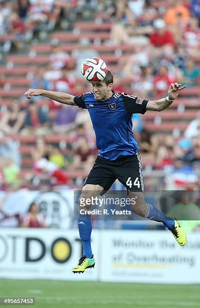 Clarence Goodson of San Jose Earthquakes heads the ball against FC Dallas at Toyota Stadium on May 31, 2014 in Frisco, Texas.