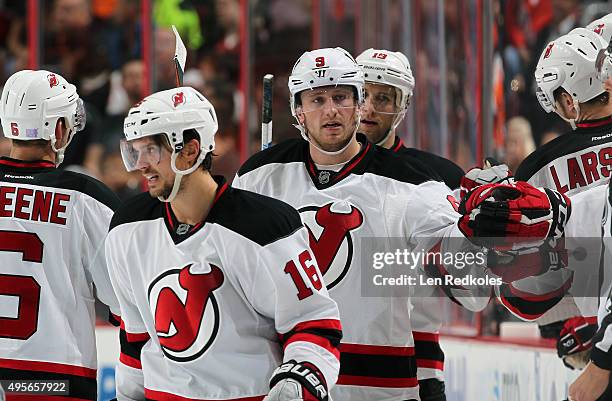 Jiri Tlusty of the New Jersey Devils celebrates a second period goal with teammates against the Philadelphia Flyers on October 29, 2015 at the Wells...