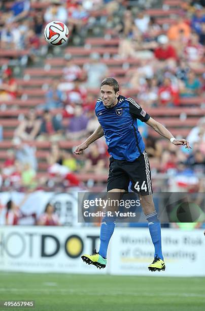 Clarence Goodson of San Jose Earthquakes heads the ball against FC Dallas at Toyota Stadium on May 31, 2014 in Frisco, Texas.