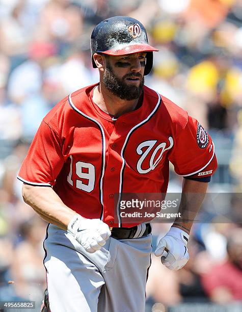 Kevin Frandsen of the Washington Nationals runs to first base during the game against the Pittsburgh Pirates on May 25, 2014 at PNC Park in...