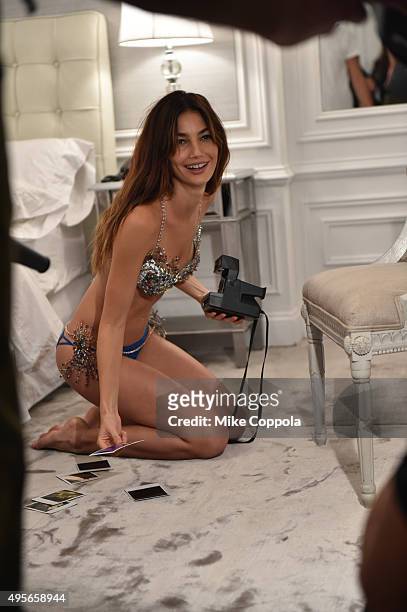 Lily Aldridge is seen behind-the-scenes during Victoria's Secret Fantasy Bra campaign September 10, 2015 in New York City.
