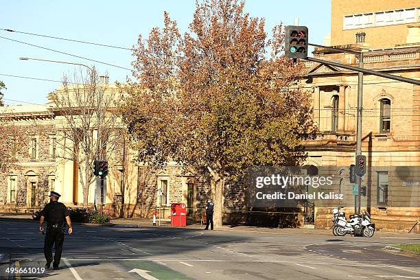 Police block off King William Street to negotiate with fugitive Rodney Ian Clavell on June 5, 2014 in Adelaide, Australia. Clavell a former prison...