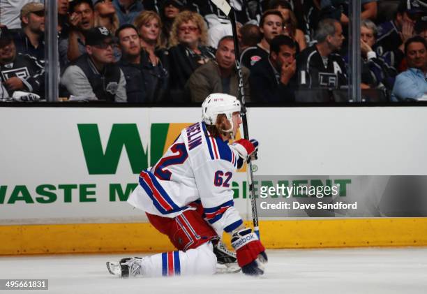 Carl Hagelin of the New York Rangers celebrates his goal in the first period against the Los Angeles Kings in Game One of the 2014 Stanley Cup Final...