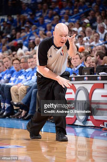Referee Joe Crawford makes a call in Game Four of the Western Conference Finals between the Oklahoma City Thunder and the San Antonio Spurs during...