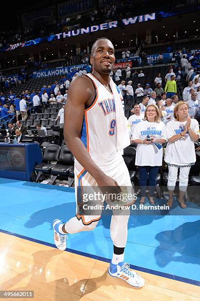 Serge Ibaka of the Oklahoma City Thunder smiles after Game Four of the Western Conference Finals against the San Antonio Spurs during the 2014 NBA...
