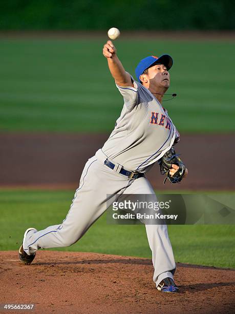 Starting pitcher Daisuke Matsuzaka of the New York Mets delivers a pitch during the first inning against the Chicago Cubs at Wrigley Field June 4,...