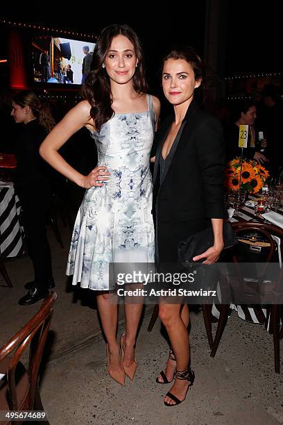 Actresses Emmy Rossum and Keri Russell attend the Sundance Institute Vanguard Leadership Award honoring Glenn Close at Stage 37 on June 4, 2014 in...