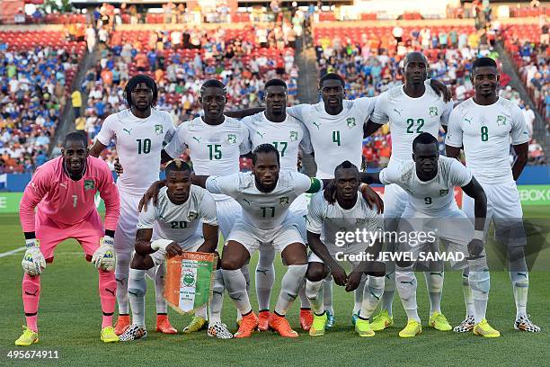 Ivory Coast's national soccer team pose before a World Cup preparation match between Ivory Coast and El Salvador at the Toyota Stadium in Frisco,...