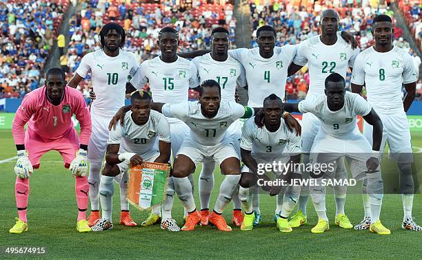 Ivory Coast's national soccer team pose before a World Cup preparation match between Ivory Coast and El Salvador at the Toyota Stadium in Frisco,...