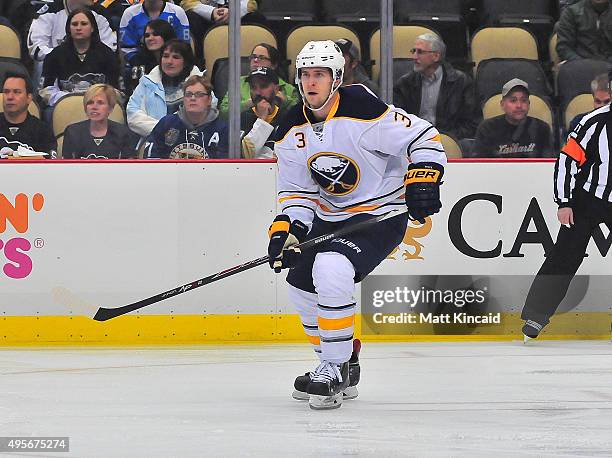 Mark Pysyk of the Buffalo Sabres skates on the ice against the Pittsburgh Penguins during the game at Consol Energy Center on October 29, 2015 in...