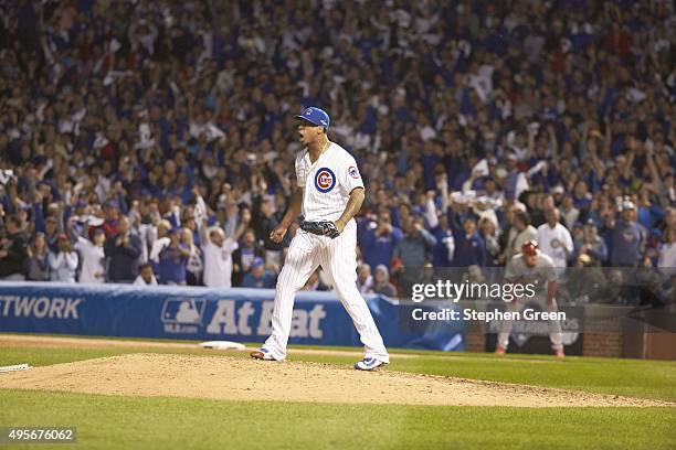 Playoffs: Chicago Cubs Pedro Strop victorious during Game 3 vs St. Louis Cardinals at Wrigley Field. Chicago, IL CREDIT: Stephen Green