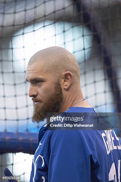 Playoffs: Closeup Kansas City Royals Jonny Gomes during batting practice before Game 1 vs Toronto Blue Jays at Kauffman Stadium. Kansas City, MO...