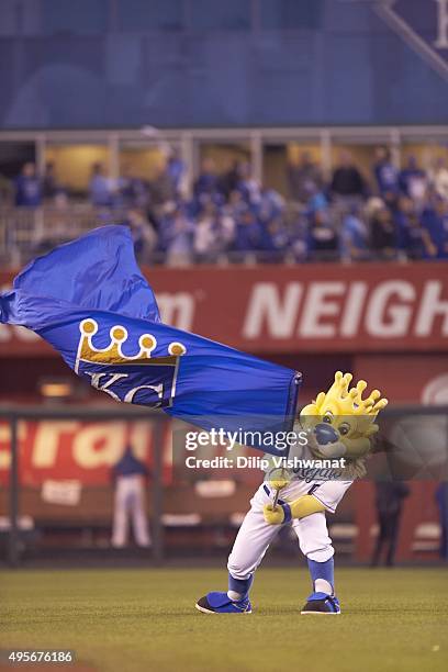 Playoffs: Kansas City Royals mascot Sluggerrr on field before Game 1 vs Toronto Blue Jays at Kauffman Stadium. Kansas City, MO CREDIT: Dilip Vishwanat