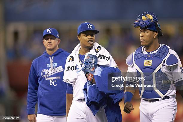 Playoffs: Kansas City Royals Edinson Volquez with Salvador Perez after warmups before Game 1 vs Toronto Blue Jays at Kauffman Stadium. Kansas City,...