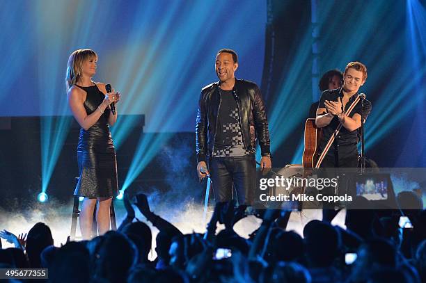 Jennifer Nettles, John Legend and Hunter Hayes perform onstage during the 2014 CMT Music awards at the Bridgestone Arena on June 4, 2014 in...