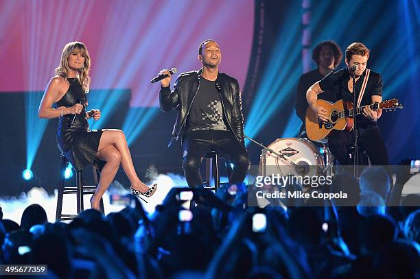 Jennifer Nettles, John Legend and Hunter Hayes perform onstage during the 2014 CMT Music awards at the Bridgestone Arena on June 4, 2014 in...