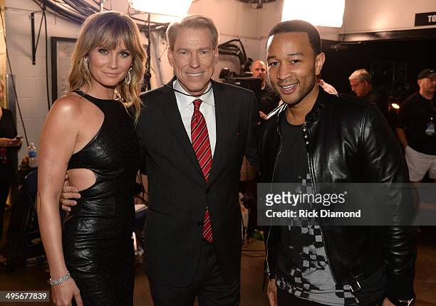 Jennifer Nettles, Senior VP of Music Events & Talent at CMT John Hamlin, John Legend attends the 2014 CMT Music Awards at Bridgestone Arena on June...