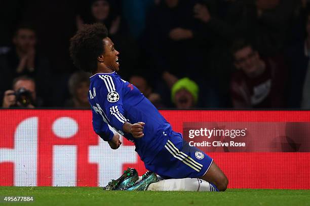 Willian of Chelsea celebrates after scoring his team's second and match winning goalduring the UEFA Champions League Group G match between Chelsea FC...