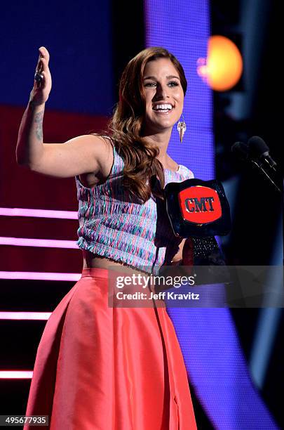 Cassadee Pope accepts her award during the 2014 CMT Music awards at the Bridgestone Arena on June 4, 2014 in Nashville, Tennessee.