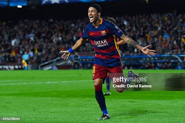 Neymar of FC Barcelona celebrates after scoring his team's third goal during the UEFA Champions League Group E match between FC Barcelona and FC BATE...