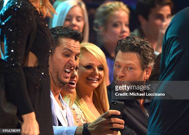 Luke Bryan, Miranda Lambert and Blake Shelton attend the 2014 CMT Music Awards at Bridgestone Arena on June 4, 2014 in Nashville, Tennessee.