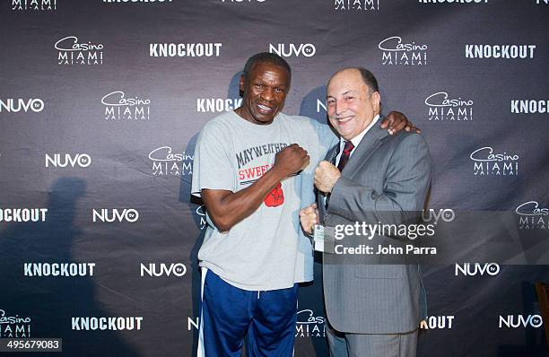 Trainer Floyd Mayweather Sr and Rene Guim attend NUVOtv's "Knockout" Live Fight Press Conference at Casino Miami Jai Alai on June 4, 2014 in Miami,...