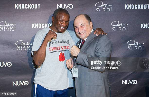 Trainer Floyd Mayweather Sr and Rene Guim attend NUVOtv's "Knockout" Live Fight Press Conference at Casino Miami Jai Alai on June 4, 2014 in Miami,...