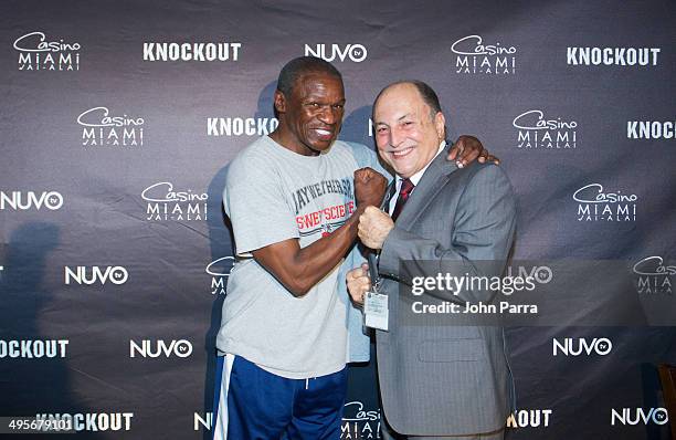 Trainer Floyd Mayweather Sr and Rene Guim attend NUVOtv's "Knockout" Live Fight Press Conference at Casino Miami Jai Alai on June 4, 2014 in Miami,...