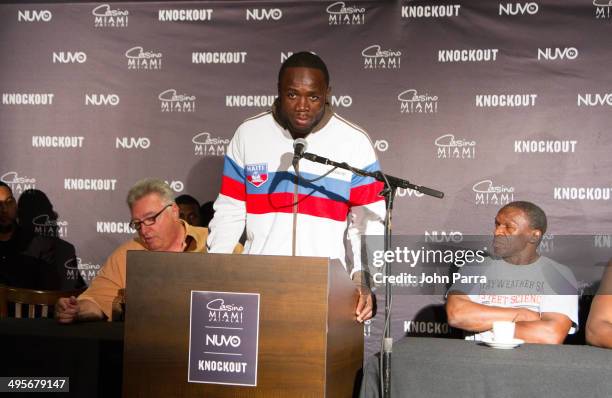 Boxer Azea Augustama attends NUVOtv's "Knockout" Live Fight Press Conference at Casino Miami Jai Alai on June 4, 2014 in Miami, Florida.