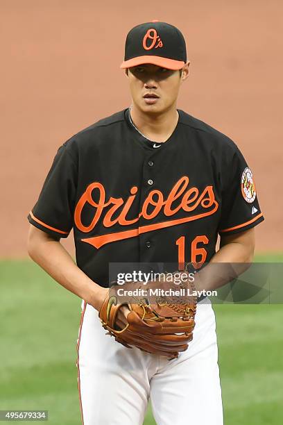 Wei-Yin Chen of the Baltimore Orioles pitches during game one of a baseball game against the New York Yankees at Oriole Park at Camden Yards on...