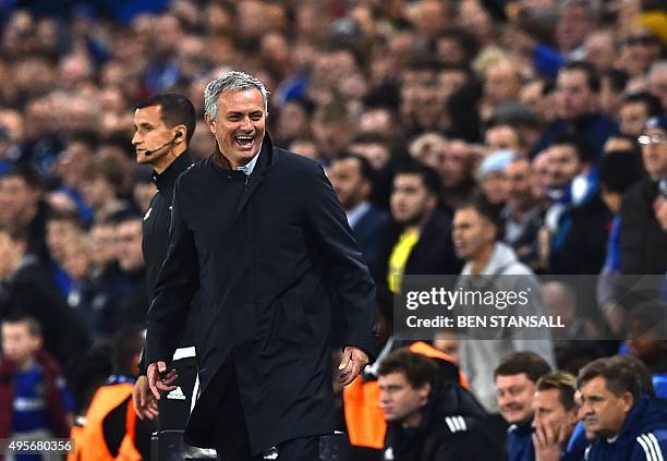 Chelsea's Portuguese manager Jose Mourinho reacts after the referee didn't call for a penalty during a UEFA Chamions league group stage football...
