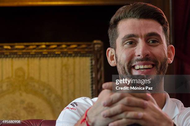 World Touring Car Championship driver champion Jose Maria Pechito López from Argentina smiles during an interview on November 04, 2015 in Buenos...