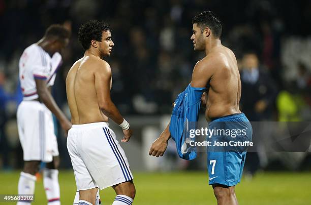 Rafael da Silva of Lyon greets countryman Hulk of FC Zenit following the UEFA Champions league match between Olympique Lyonnais and FC Zenit St...