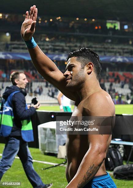 Hulk of FC Zenit celebrates the victory and the qualification following the UEFA Champions league match between Olympique Lyonnais and FC Zenit St...
