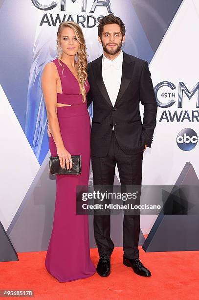 Recording artist Thomas Rhett and Lauren Gregory attend the 49th annual CMA Awards at the Bridgestone Arena on November 4, 2015 in Nashville,...