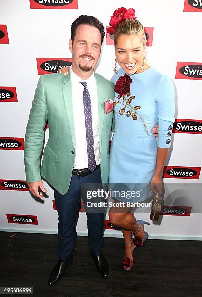 Actor Kevin Dillon and model Ashley Hart pose at the Swisse Marquee on Oaks Day at Flemington Racecourse on November 5, 2015 in Melbourne, Australia.