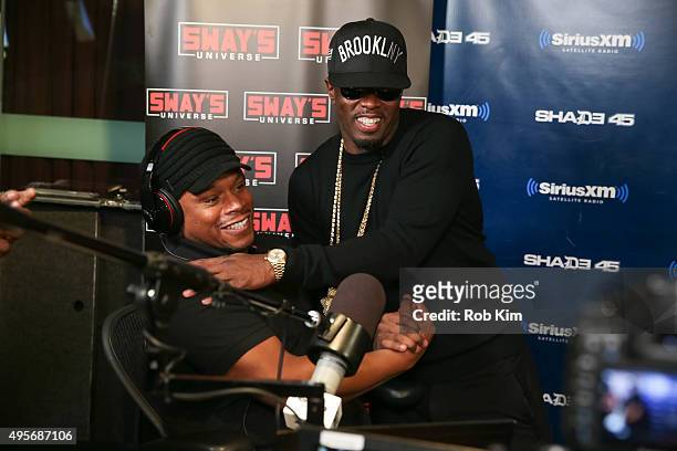 Sean "Puff Diddy" Combs greets host, Sway Calloway during his visit to 'Sway in the Morning' with Sway Calloway on Eminem's Shade 45 at SiriusXM...