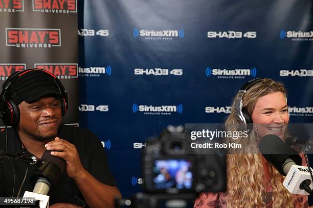 Joss Stone visits 'Sway in the Morning' with host Sway Calloway on Eminem's Shade 45 at SiriusXM Studios on November 4, 2015 in New York City.