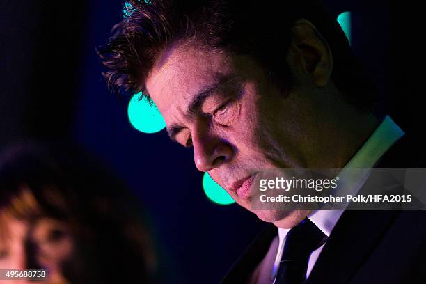 Actor Benicio del Toro, winner of the Hollywood Supporting Actor Award, is seen backstage the 19th Annual Hollywood Film Awards at The Beverly Hilton...